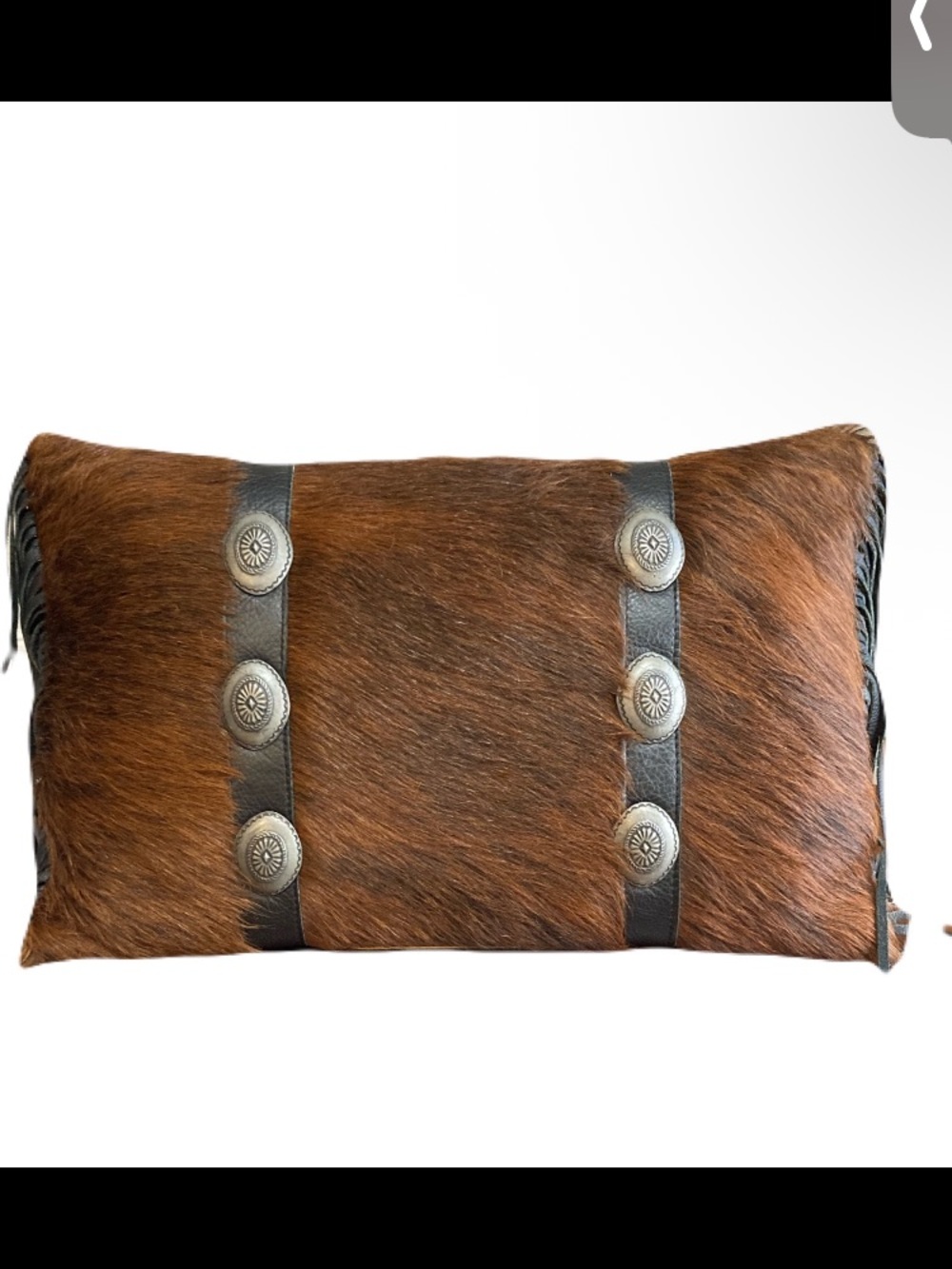 Western Brindle Cowhide Lumbar Pillow • Genuine Leather Back with 5” Fringe NWOT